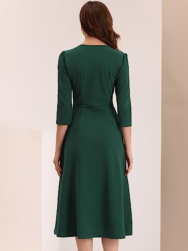 Image of Allegra K Womens 3 /4 Sleeve A-Line Business Work Formal Midi Dress | Elegant Dresses with Pockets, V Neck, Cockatail Party Church Funeral Outfits, Spring Fall Winter