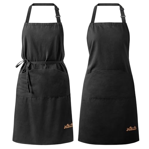 Viedouce 2 delantales de cocina 100% algodón para mujer y hombre, delantal de cocina ajustable con bolsillos grandes, delantales para cocineros, barbacoa, pintura, hornear, uso doméstico,Negro