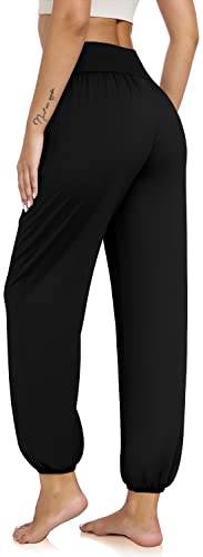 Ueu Women's Harem Crossover High Waisted Flowy Pants Yoga Joggers With Pockets Lounge Pajamas Casual Loose Sweatpants Black Xl #TOP4