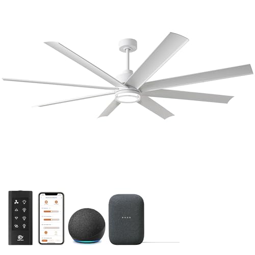 Parrot Uncle Smart Ceiling Fans with Lights 72 Inch Modern Ceiling Fan with Light and Remote for Bedroom Living Room Indoor/Industrial Use, Reversible Quiet DC Motor, 6 Speeds, 22W 3CCT,ETL, White