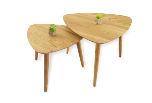 Lumarc Rimini, Lot de 2 Tables Basses Gigognes de Salon Faites à la Main en Bois Massif de Chêne Naturel au Design Industriel Minimaliste Moderne, Triangulaire, 60x60x43 cm / 50x50x38 cm Cover