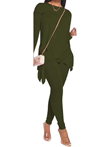 Womens 2 Pieces Outfits Tracksuit Lace Up Side Long Sleeve Loose T-Shirt Top Legging Pant Workout Sweatsuit Set Green