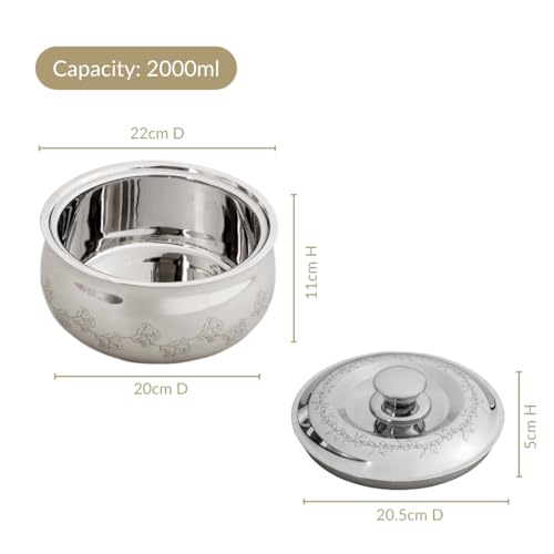 Image of Nestasia Stainless Steel Insulated Casserole with Lid (2000 ml) - 100% Food Safe Casserole for Roti Hot Case with Floral Vine Pattern - Keeps Food Hot & Cold | Rust Resistant & BPA - Free