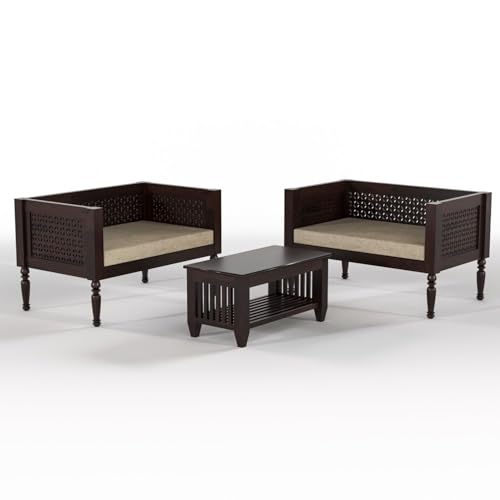 Image of Sheesham Wooden 4 Seater Sofa Set for Living Room | Rosewood Cushion Sofa | Solid Wood Sofa Set for Lounge (Walnut, 4 Seater)