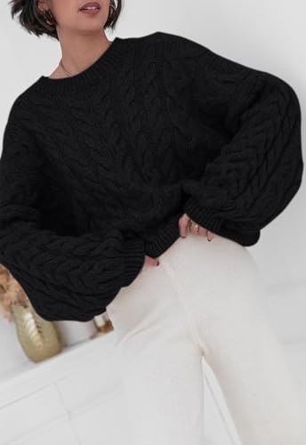 Image of PRETTYGARDEN Womens Sweaters Spring 2026 Cable Knit Long Sleeve Crewneck Oversized Sweater Chunky Pullover Loose Outfits
