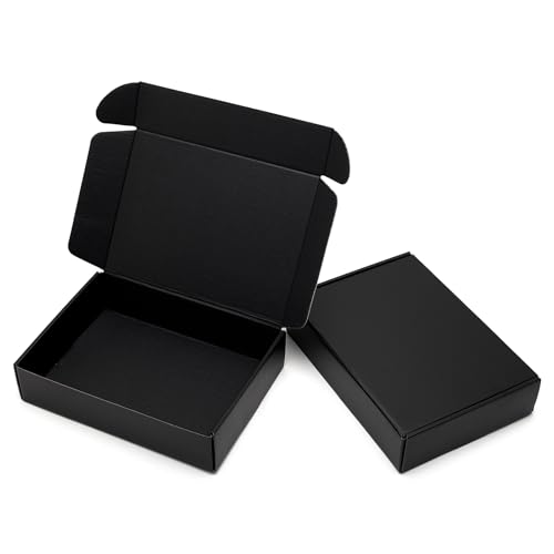 Timirog Cajas de envío de 12 x 9 x 2 pulgadas, paquete de 25 cajas de cartón corrugado negro para pequeñas empresas, con bloqueo de pestañas, suministros de embalaje para libros de embalaje, regalos