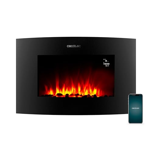 Cecotec Chimenea Eléctrica Decorativa 35” con Mando y Wifi ReadyWarm 3560 Curved Flames Connected. Máxima Potencia 2000W, 2 Intensidades, Panel Curvo de Cristal Templado, Llama Ajustable, Temporizador