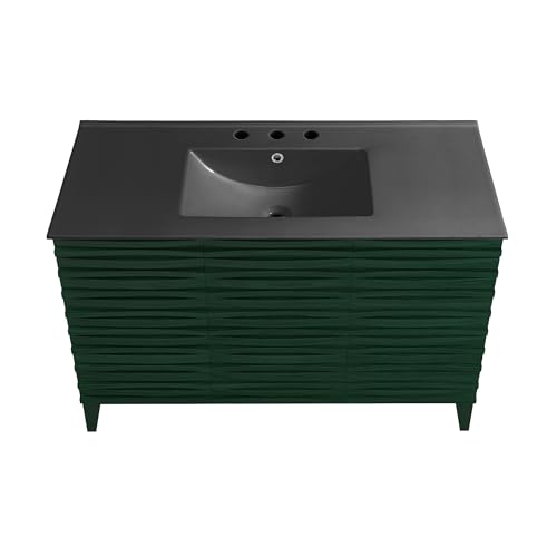 Image of Swiss Madison Cascade 48 inch Freestanding Bathroom Vanity in Green Oak with Black 3-Hole Widespread Sink Top