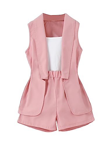 Image of WDIRARA Girl's 3 Piece Set Colorblock Sleeveless Vest Coat with Elastic Waist Shorts Set