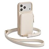 CUSTYPE Für iPhone 17 Pro Hülle mit Geldbörse & Kartenfach, Mikrofaserleder Handykette, mit Schulterriemen Beige 6,3’’