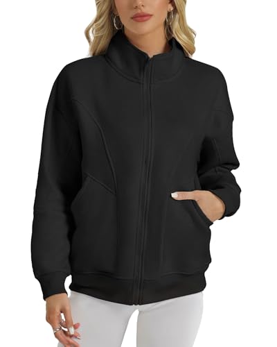 Wenlia Fleecejacke Damen Schwarz Durchgehender Reißverschluss Oversize...