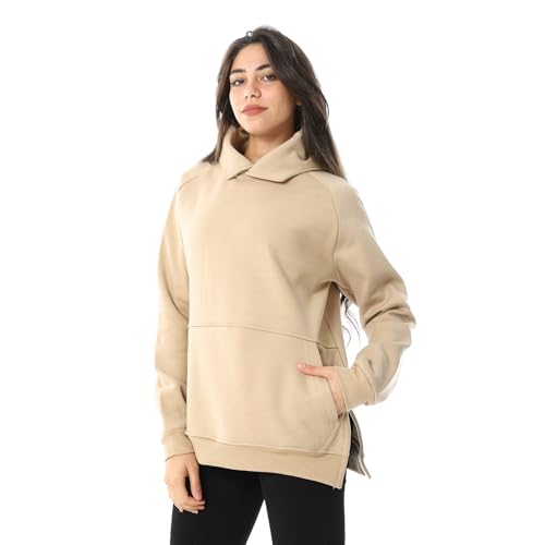 Andora Long Sleeves Slip On Fleeced Plain Hoodie - Beige-XXL
