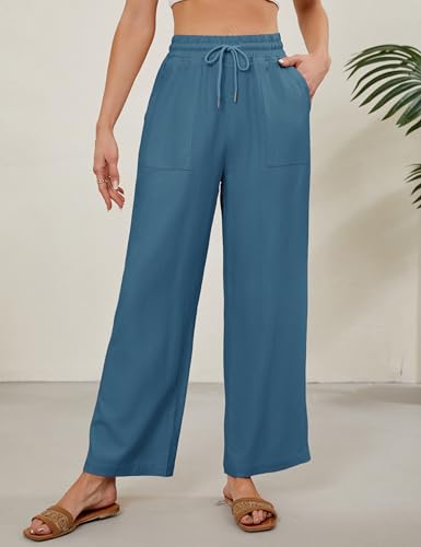 Women Summer Wide Leg Linen Pants Casual Palazzo Pant Cotton Lounge Beach Trousers with Pockets 5