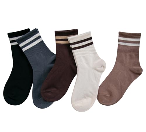 Image of Deeorla Womens Striped Crew Socks Brown Vintage Retro Athletic Socks 5 Pairs