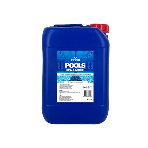 Trioxi Sodium Hypochlorite (Liquid Chlorine) Pool & Water Sanitizer Disinfectant & Shock Treatment Kills Bacteria Algae & Viruses Water Treatment Chemical for Pools & Spas (10 ltr)