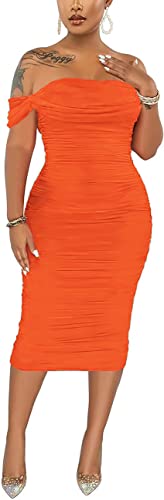 Image of Fooullaide Women's Sexy Off Shoulder Sleeveless Bodycon Ruched Midi Dress | Stretchy, Breathable, Mesh, Not See-Through, Elegant,Formal Gown, Cocktail, Evening, Party, Night Out Tube Dresses