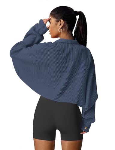 Image of Panadila Women's Cropped Waffle Knit Shacket Short Button Down Jacket Batwing Sleeve Shirts with Pocket