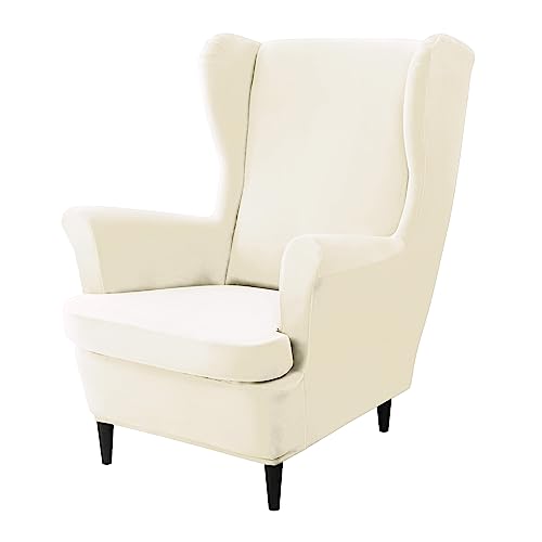 Image of HOKIPO 210 GSM Premium Velvet Stretchable Wingback Chair Cover, Beige (AR-4761-BGE)