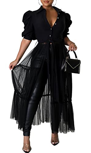 Choichic Women' Button Down Shirts High Waist Short Sleeve Sheer Mesh Patchwork Maxi Dress Long Shirts Tunics with Belt