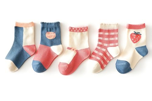 Nemo&Luna Baby Boy Girl Cotton Crew Socks, Strawberry Pattern, 5 Pairs, 3-12years