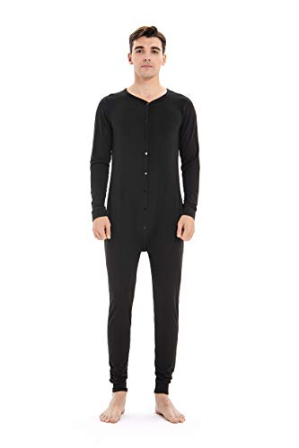 Mens Onesie Pajamas Button Down Long Sleeve Union Suit One Piece Jumpsuit Black