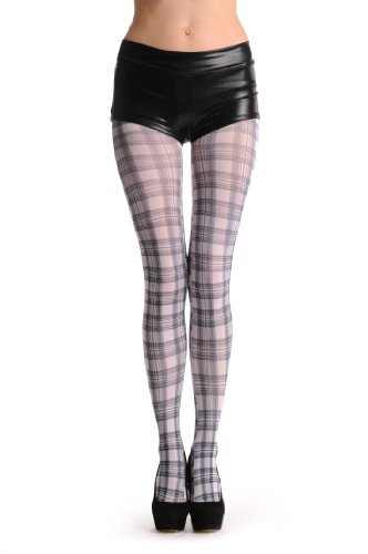 LissKiss White & Black Checkered - White Printed Geometrical Pantyhose (Tights)2