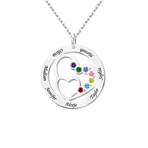 Dreamdecor Personalized 7 Names Necklace with Birthstones Heart Engraved Custom Nameplate Necklace for Family