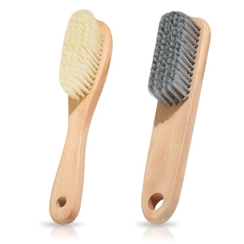 Lot de 2 brosses à chaussures, avec manche en bois, brosse à cirage pour chaussures de basket, poils souples, pour un nettoyage en douceur des chaussures...