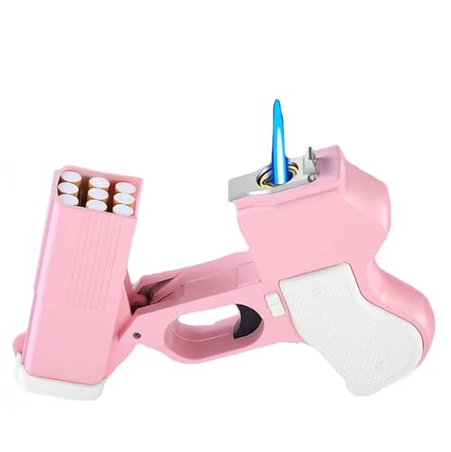 Gun Cigarette Holder and Lighter Windproof Adjustable Flame Jet Pink Gun Lighter Refillable Metal Outdoor Lighters for Camping BBQ Fireplace Adult Use Only (Fuel Not Included)