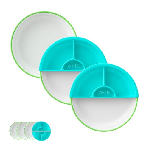 Image of Omie® Easy Scoop Plates for Kids | Unique Design Helps Food Fall into the Spoon, Not on the Table | Made from Plants | 3 Plates + 2 Silicone Dividers | Green