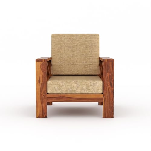 Image of Sheesham Wooden 1 Seater Sofa for Living Room | Rosewood 1 Seater Cushion Sofa X-Legs | Solid Wood Sofa Set for Lounge (1 Seater,Honey)