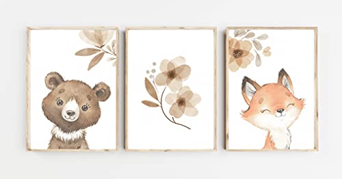 double critical Lemmami Papeterie 3er Set Boho Deko Wandbilder Kinderzimmer Babyzimmer Poster Bilder Mädchen Junge (Waldtiere Tiere Fuchs Bär)