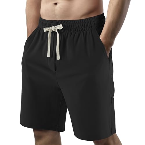 Lkrhzevg Men's Casual Shorts Elastic Waist Drawstring Lightweight Outdoor Summer Beach Shorts with Pockets Hiking Shorts-M Black