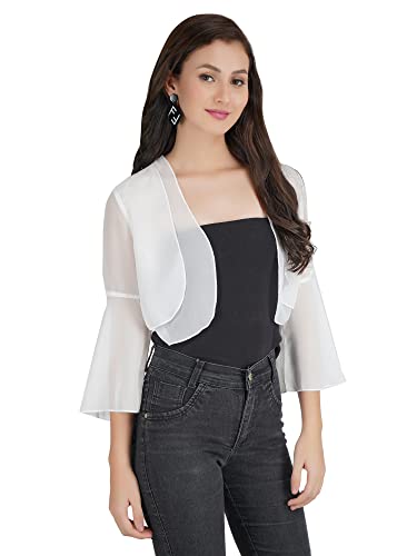 Image of AOL Women's Cropped Layered Lightweight Sheer Three-Fourth Bell Sleeves Georgette Open Neck Shrug Bolero
