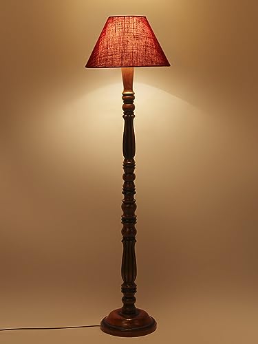 Image of Maroon Jute Shade Wooden Floor Lamp with Wooden Base, Height - 53 Inches | Contemporary Standing Lamp for Living Room, Bedroom & Office | Elegant Lighting for Stylish Home Interiors