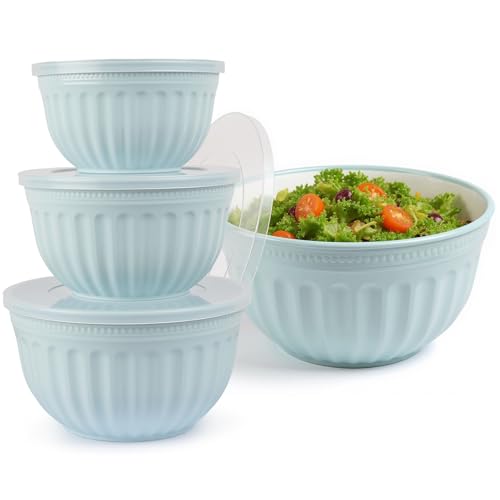 Salatschüssel Set mit Deckel, Große Rührschüssel Set 4 Teilig 2L/3L/4L/6L - Blau Stapelbar Große Schüsseln für Küche aus Premium Kunststoff BPA Frei, Geeignet für Spülmaschine und Mikrowelle
