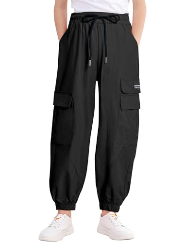 Image of JiAmy Girls Cargo Pants Elastic High Waist Drawstring Pants Jogger Trousers Casual Loose with Pockets 6-14Y