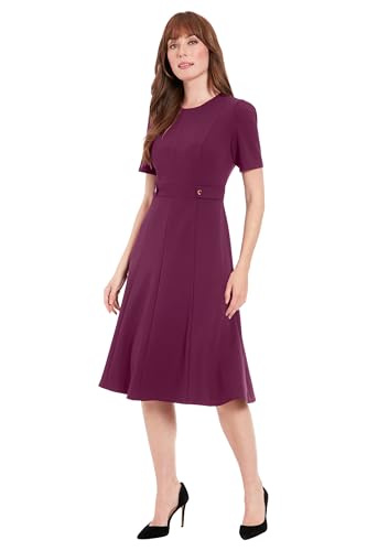 Image of London Times Women's Short Sleeve Crepe Fit and Flare Midi with Waist Button Detail