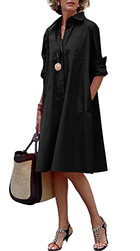 chouyatou Women's Spring Summer Button-Down Shirt Dress Loose A-Line Midi Shift Tunic Dress