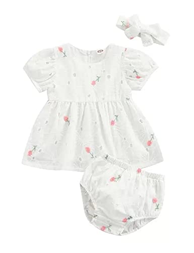 stylesilove Infant Baby Girls White Short Sleeve Eyelet Flower Embroidered Dress, Bloomers and Headband 3pcs Cotton Outfit