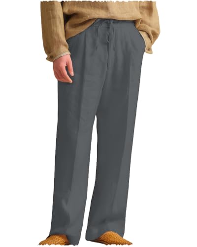Men's Linen Pants Elastic Waist Drawstring Pants Casual Lightweight Linen Trousers Beach Summer Pant