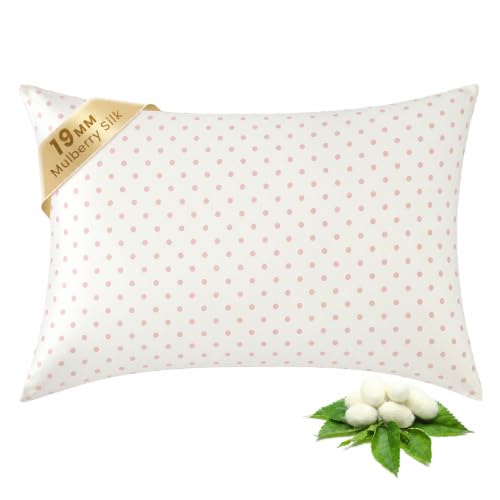 Image of THXSILK Mulberry Silk Pillowcase for Hair and Skin, Cooling Bed Pillow Cover with Hidden Zipper, Soft Smooth Print Silk Pillowcase Gifts for Women Men, 1pc (Queen 20 inchx30 inch, Pink White Polka Dot)