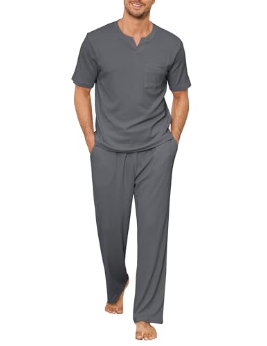 Image of JiniGolla Mens Pajamas Set Soft Short Sleeve Top and Pant Loungewear Sets 2 Piece Pjs with Pockets