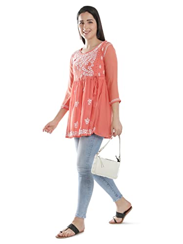 Image of Seva Chikan Hand Embroidered Lucknowi Chikankari Angarkha Georgette Top with Slip for Women SCL4041