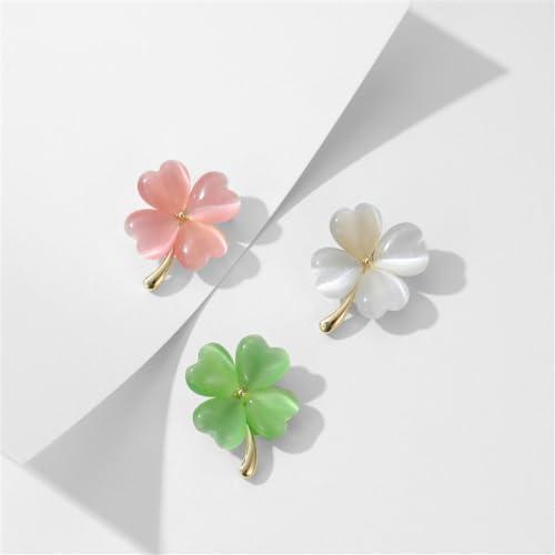 Image of Cats Eye Clover 4 Leaf Brooch Pin for Women Men Unisex Gold Plated Fashion Love Heart Shaped Flower Brooches Lapel Pins luck Decor Dress Accessories St Patrick's Day Birthday Holiday Jewelry Gift Souvenir