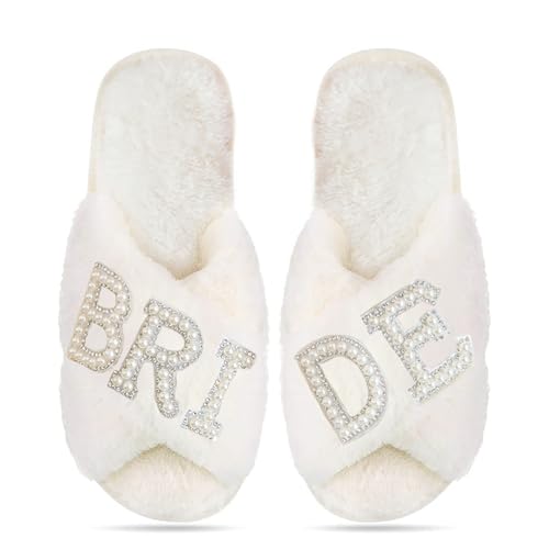 AffeGifts Ciabatte Sposa Bianche,Regali Sposa Morbida Sposa per Essere Pantofole Perla Antiscivolo Pantofole da Sposa con 12 Mm Suole EU 38-40
