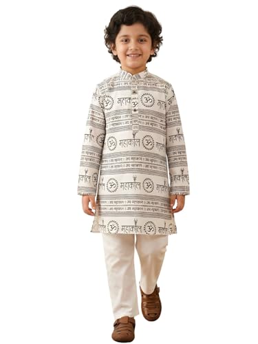 Image of AJ DEZINES Boys Cotton Full Sleeve Letter Printed Kurta Pajama Set for Kids - Ethnic wear | Special Occasion & Traditional Outfit |Boys Kurta Set - Regular Fit