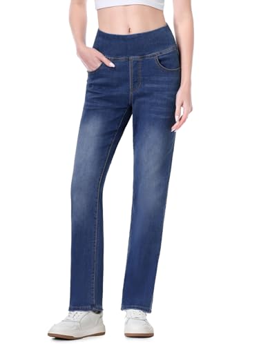 Chasehot Jeans Damen,Pull On Straight Jeans Mit Gummibund,High Waist Stretch Denim Jeggings Mit 7 Taschen,Tapered Bootcut Jeanshose Gerades Bein Jeans,Dunkle Blau-31-XL