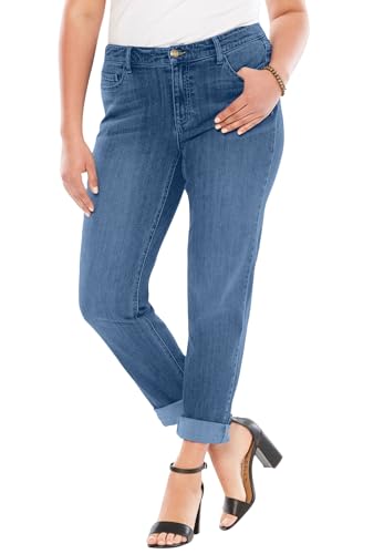 Roaman's Women's Plus Size Plus Size Classic Stretch Boyfriend Jean - 14 W, Medium Stonewash