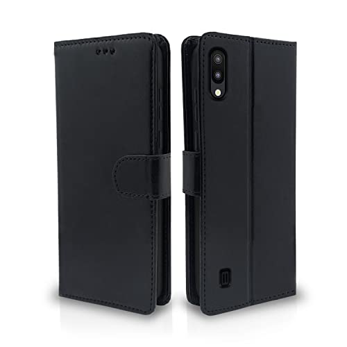 Pikkme Samsung Galaxy M10 Flip Case Leather Finish | Inside TPU with Card Pockets | Wallet Stand and Shock Proof | Magnetic Closing | Complete Protection Flip Cover (Black)- Best and cheap mobile covers in India